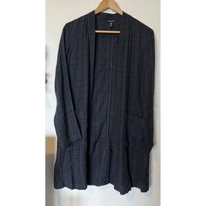 Eileen Fisher Navy Textured Striped Open Front Long Two Pocket Cardigan …